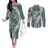 Aloha Vintage Plumeria Hawaiian Tapa Pattern Couples Matching Off The Shoulder Long Sleeve Dress and Long Sleeve Button Shirt Dark Turquoise Hawaiian Tapa Pattern LT9 Turquoise - Polynesian Pride