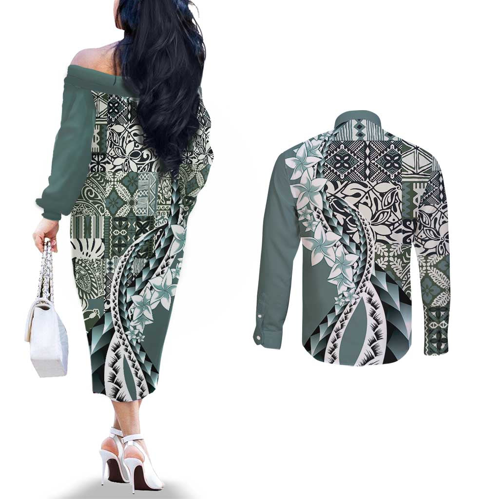 Aloha Vintage Plumeria Hawaiian Tapa Pattern Couples Matching Off The Shoulder Long Sleeve Dress and Long Sleeve Button Shirt Dark Turquoise Hawaiian Tapa Pattern LT9 - Polynesian Pride