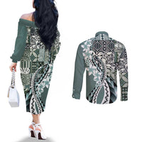 Aloha Vintage Plumeria Hawaiian Tapa Pattern Couples Matching Off The Shoulder Long Sleeve Dress and Long Sleeve Button Shirt Dark Turquoise Hawaiian Tapa Pattern LT9 - Polynesian Pride