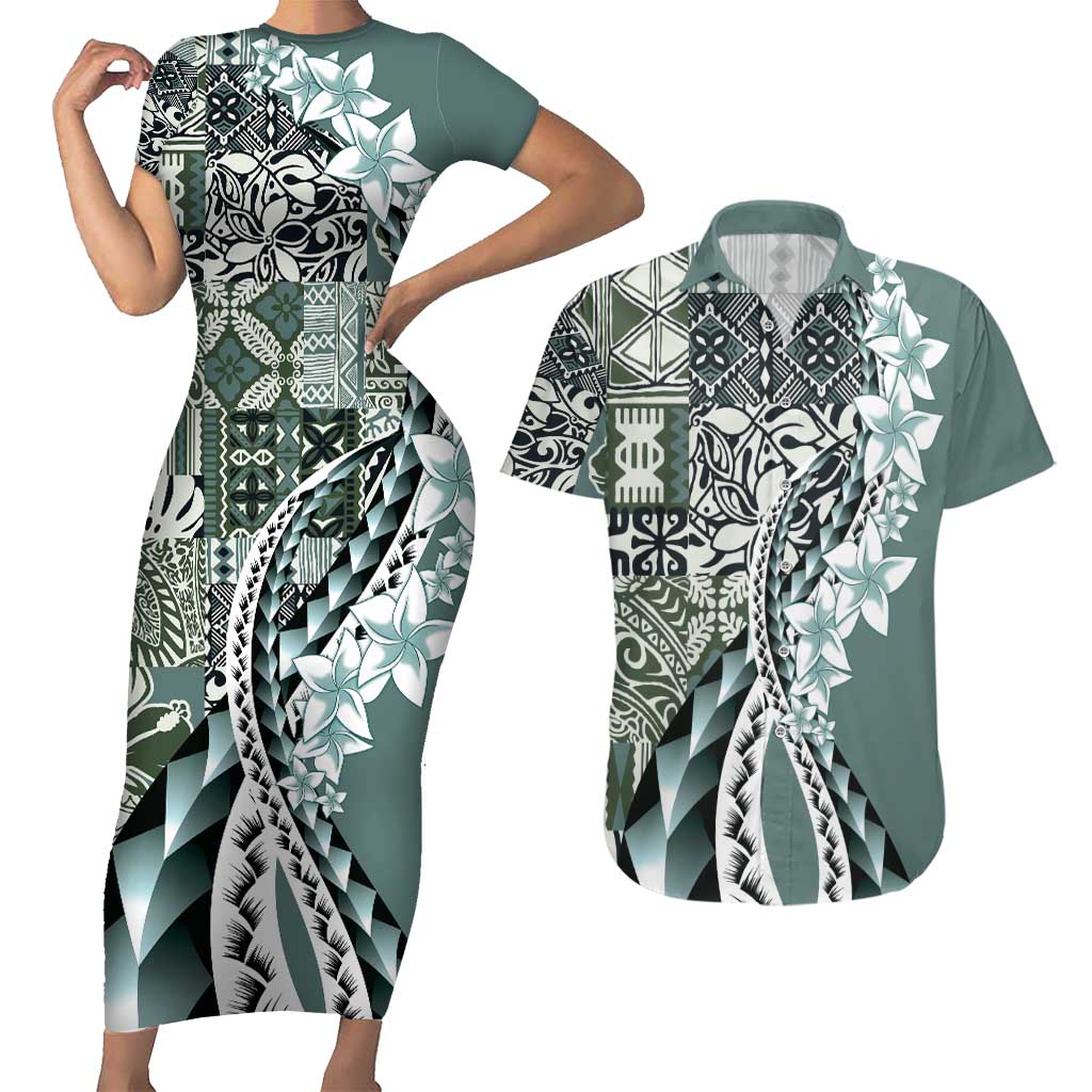 Aloha Vintage Plumeria Hawaiian Tapa Pattern Couples Matching Short Sleeve Bodycon Dress and Hawaiian Shirt Dark Turquoise Hawaiian Tapa Pattern LT9 Turquoise - Polynesian Pride