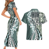 Aloha Vintage Plumeria Hawaiian Tapa Pattern Couples Matching Short Sleeve Bodycon Dress and Hawaiian Shirt Dark Turquoise Hawaiian Tapa Pattern LT9 - Polynesian Pride