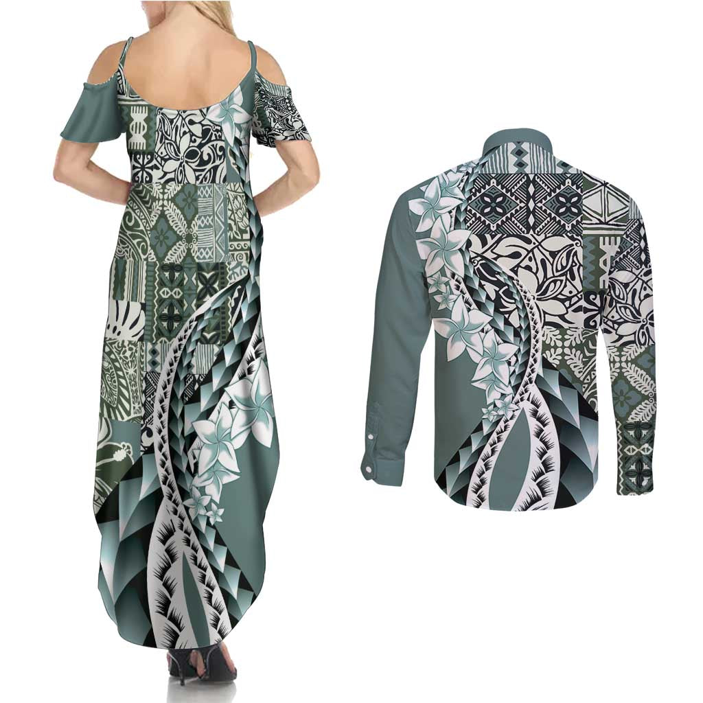 Aloha Vintage Plumeria Hawaiian Tapa Pattern Couples Matching Summer Maxi Dress and Long Sleeve Button Shirt Dark Turquoise Hawaiian Tapa Pattern - Polynesian Pride