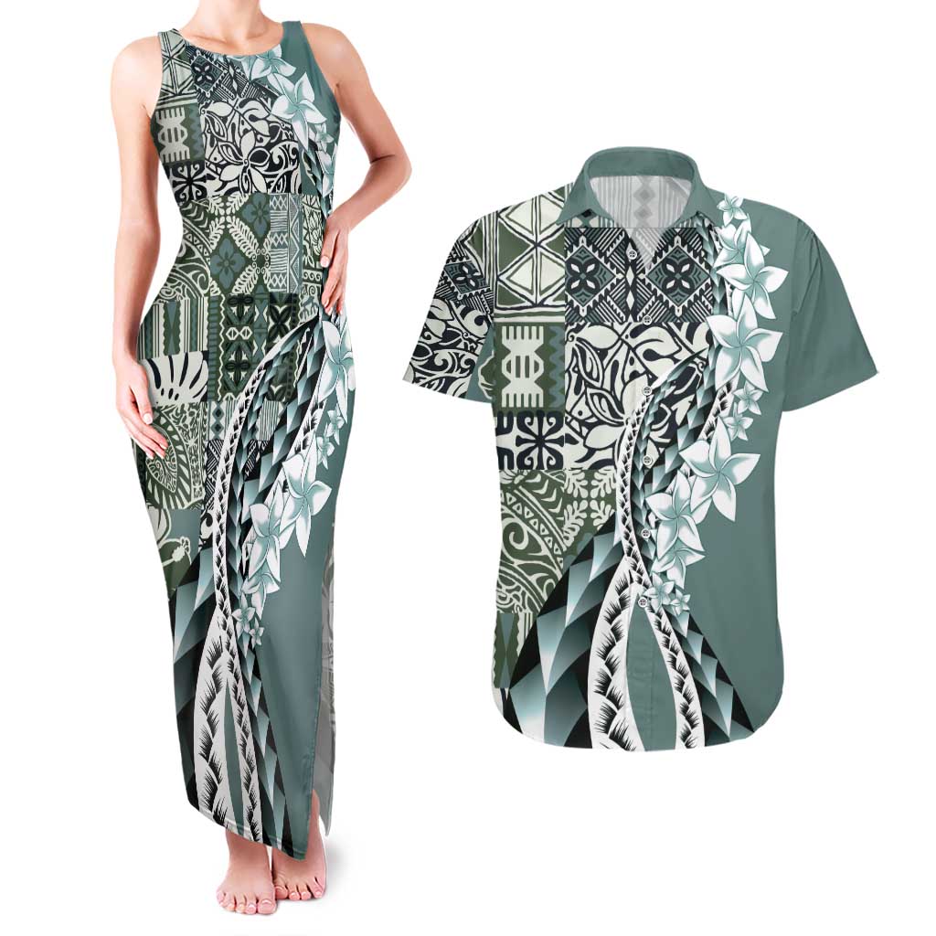 Aloha Vintage Plumeria Hawaiian Tapa Pattern Couples Matching Tank Maxi Dress and Hawaiian Shirt Dark Turquoise Hawaiian Tapa Pattern LT9 Turquoise - Polynesian Pride