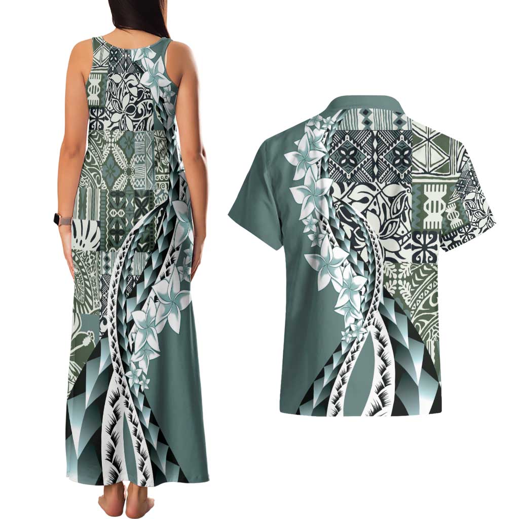 Aloha Vintage Plumeria Hawaiian Tapa Pattern Couples Matching Tank Maxi Dress and Hawaiian Shirt Dark Turquoise Hawaiian Tapa Pattern LT9 - Polynesian Pride