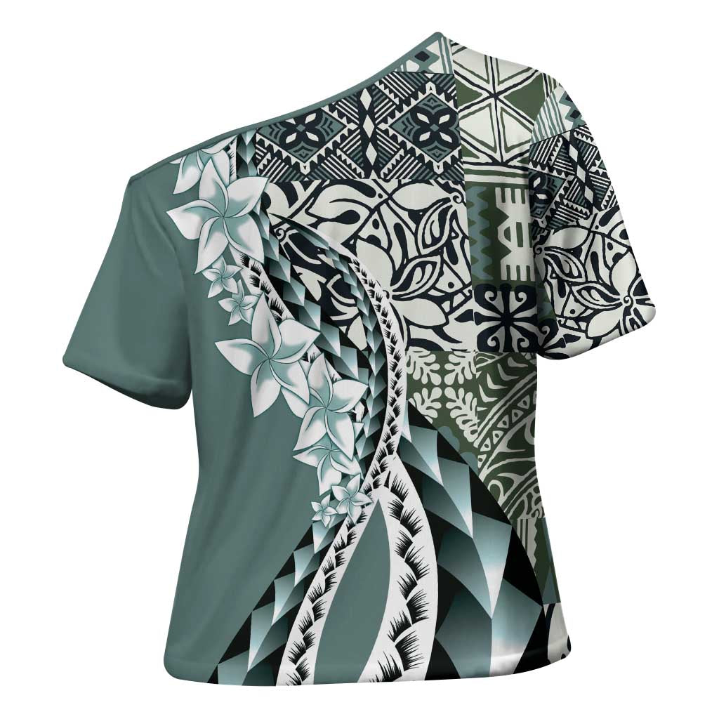 Aloha Vintage Plumeria Hawaiian Tapa Pattern Cross Shoulder Shirt Dark Turquoise Hawaiian Tapa Pattern - Polynesian Pride