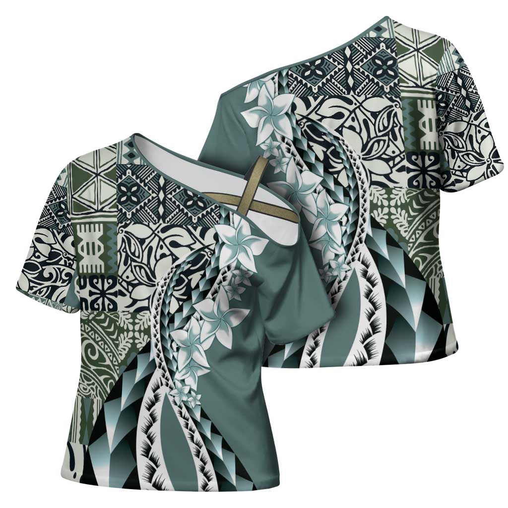 Aloha Vintage Plumeria Hawaiian Tapa Pattern Cross Shoulder Shirt Dark Turquoise Hawaiian Tapa Pattern - Polynesian Pride