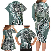 Aloha Vintage Plumeria Hawaiian Tapa Pattern Family Matching Long Sleeve Bodycon Dress and Hawaiian Shirt Dark Turquoise Hawaiian Tapa Pattern LT9 - Polynesian Pride