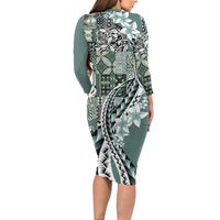 Aloha Vintage Plumeria Hawaiian Tapa Pattern Family Matching Long Sleeve Bodycon Dress and Hawaiian Shirt Dark Turquoise Hawaiian Tapa Pattern LT9 - Polynesian Pride