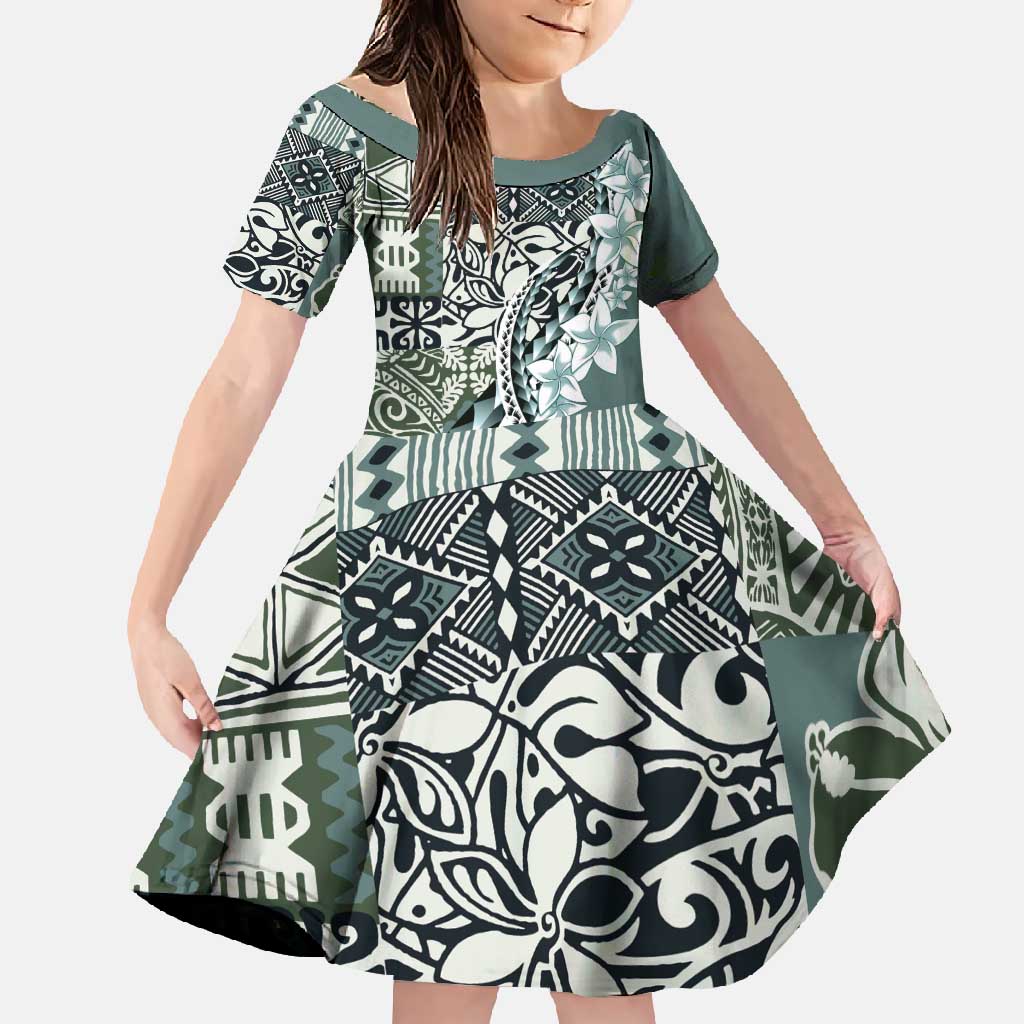 Aloha Vintage Plumeria Hawaiian Tapa Pattern Family Matching Mermaid Dress and Hawaiian Shirt Dark Turquoise Hawaiian Tapa Pattern LT9 Daughter's Dress Turquoise - Polynesian Pride
