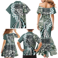 Aloha Vintage Plumeria Hawaiian Tapa Pattern Family Matching Mermaid Dress and Hawaiian Shirt Dark Turquoise Hawaiian Tapa Pattern LT9 - Polynesian Pride