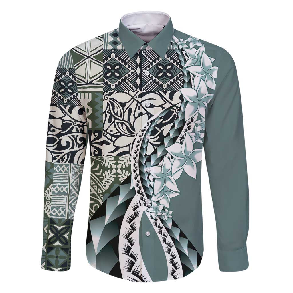 Aloha Vintage Plumeria Hawaiian Tapa Pattern Family Matching Mermaid Dress and Hawaiian Shirt Dark Turquoise Hawaiian Tapa Pattern LT9 Dad's Shirt - Long Sleeve Turquoise - Polynesian Pride