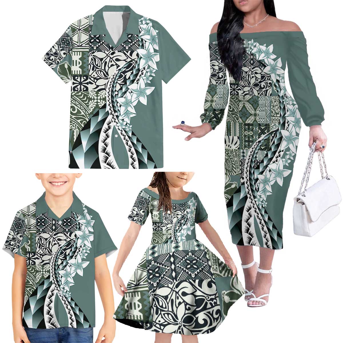 Aloha Vintage Plumeria Hawaiian Tapa Pattern Family Matching Off The Shoulder Long Sleeve Dress and Hawaiian Shirt Dark Turquoise Hawaiian Tapa Pattern - Polynesian Pride