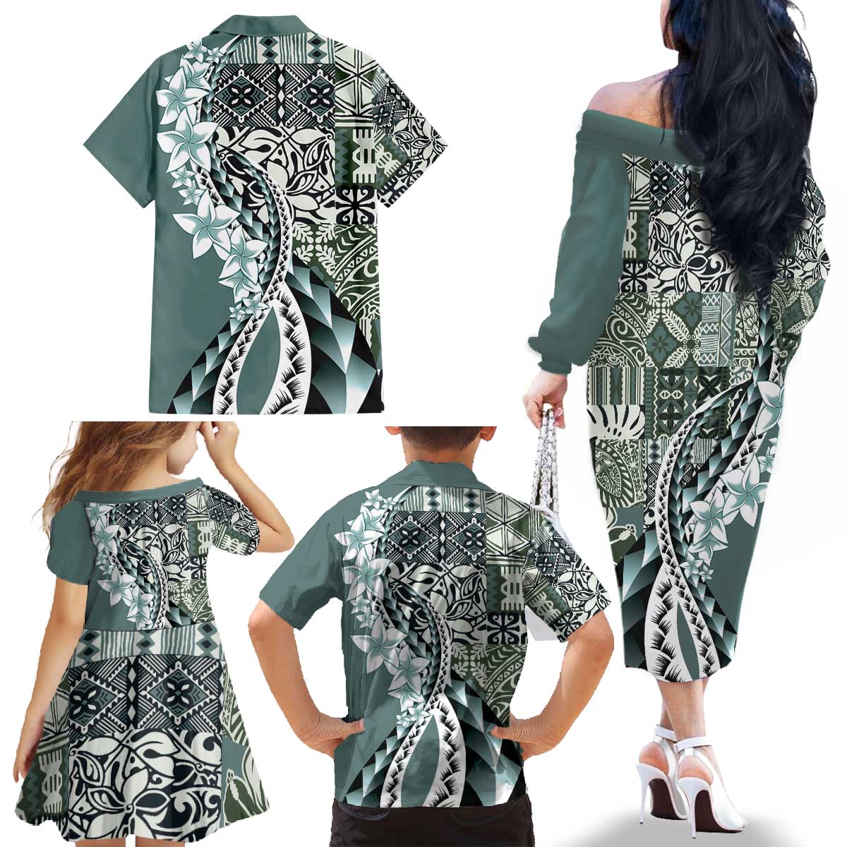 Aloha Vintage Plumeria Hawaiian Tapa Pattern Family Matching Off The Shoulder Long Sleeve Dress and Hawaiian Shirt Dark Turquoise Hawaiian Tapa Pattern - Polynesian Pride