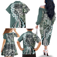 Aloha Vintage Plumeria Hawaiian Tapa Pattern Family Matching Off The Shoulder Long Sleeve Dress and Hawaiian Shirt Dark Turquoise Hawaiian Tapa Pattern - Polynesian Pride