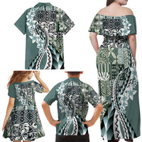 Aloha Vintage Plumeria Hawaiian Tapa Pattern Family Matching Off Shoulder Maxi Dress and Hawaiian Shirt Dark Turquoise Hawaiian Tapa Pattern - Polynesian Pride