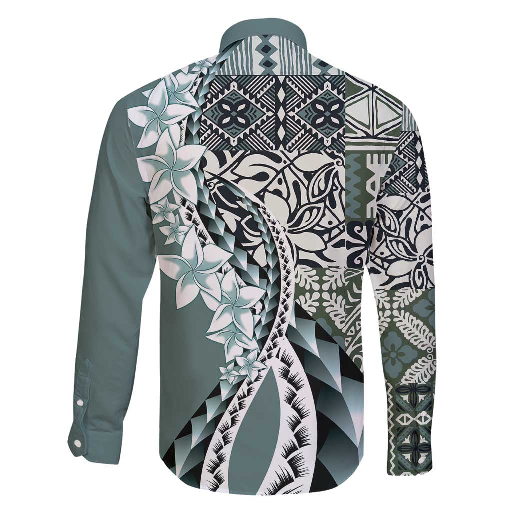 Aloha Vintage Plumeria Hawaiian Tapa Pattern Family Matching Off Shoulder Maxi Dress and Hawaiian Shirt Dark Turquoise Hawaiian Tapa Pattern - Polynesian Pride