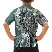 Aloha Vintage Plumeria Hawaiian Tapa Pattern Family Matching Off Shoulder Short Dress and Hawaiian Shirt Dark Turquoise Hawaiian Tapa Pattern - Polynesian Pride