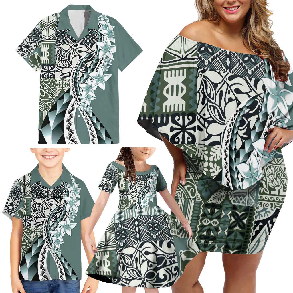 Aloha Vintage Plumeria Hawaiian Tapa Pattern Family Matching Off Shoulder Short Dress and Hawaiian Shirt Dark Turquoise Hawaiian Tapa Pattern - Polynesian Pride