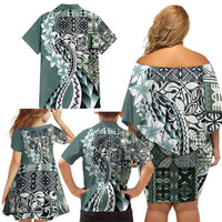 Aloha Vintage Plumeria Hawaiian Tapa Pattern Family Matching Off Shoulder Short Dress and Hawaiian Shirt Dark Turquoise Hawaiian Tapa Pattern - Polynesian Pride
