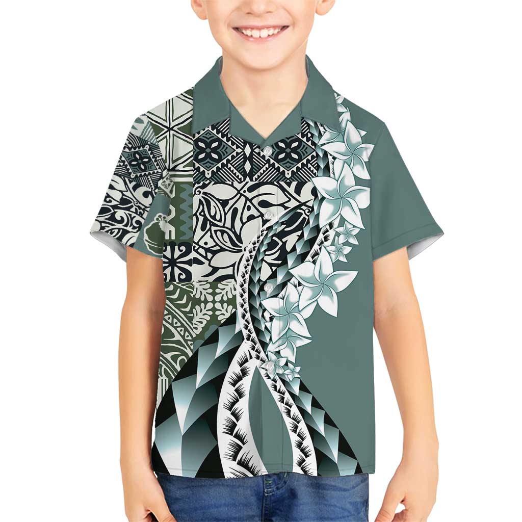 Aloha Vintage Plumeria Hawaiian Tapa Pattern Family Matching Off Shoulder Short Dress and Hawaiian Shirt Dark Turquoise Hawaiian Tapa Pattern - Polynesian Pride