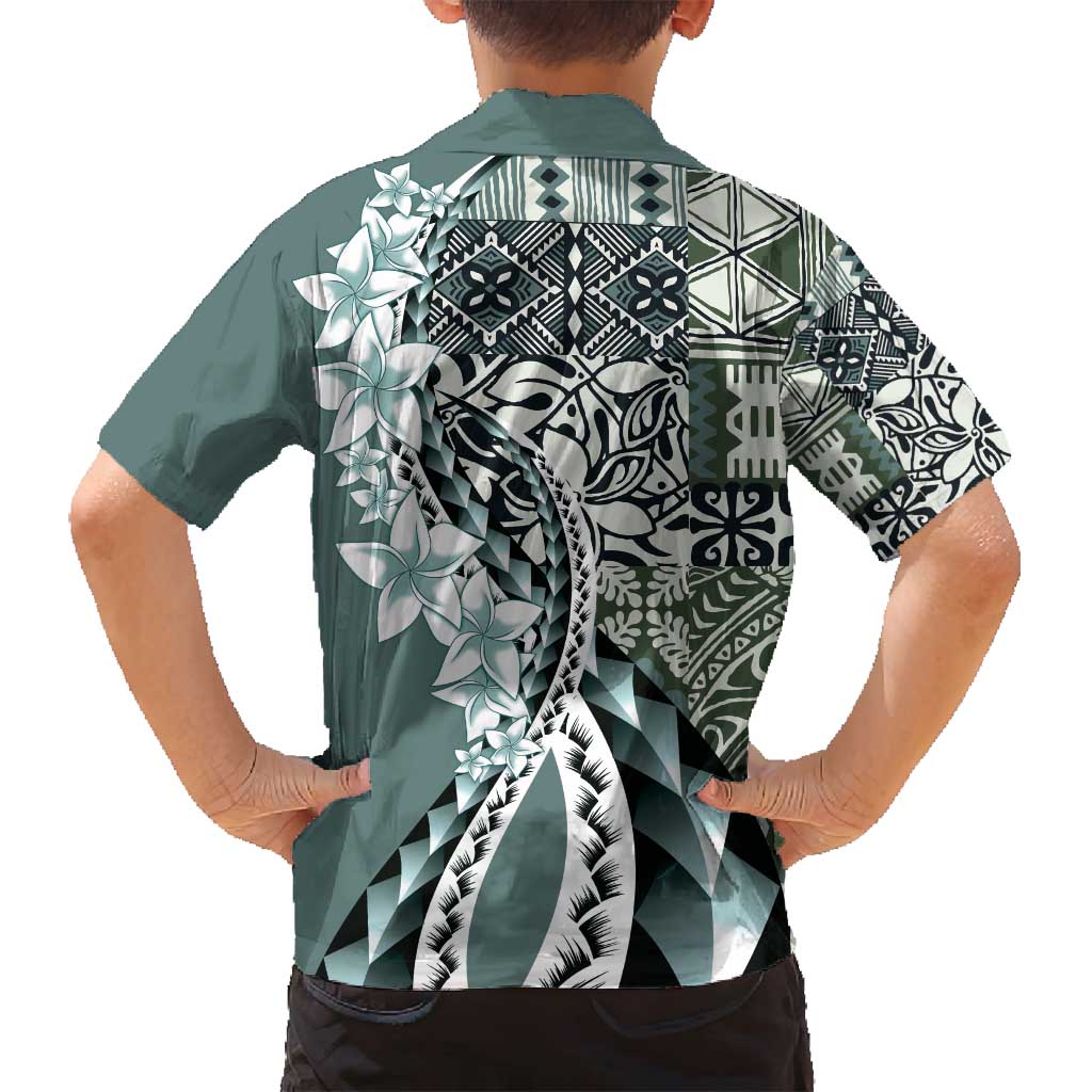 Aloha Vintage Plumeria Hawaiian Tapa Pattern Family Matching Puletasi and Hawaiian Shirt Dark Turquoise Hawaiian Tapa Pattern LT9 - Polynesian Pride