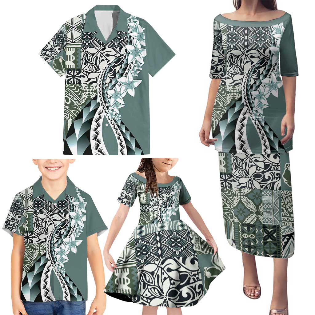 Aloha Vintage Plumeria Hawaiian Tapa Pattern Family Matching Puletasi and Hawaiian Shirt Dark Turquoise Hawaiian Tapa Pattern LT9 - Polynesian Pride