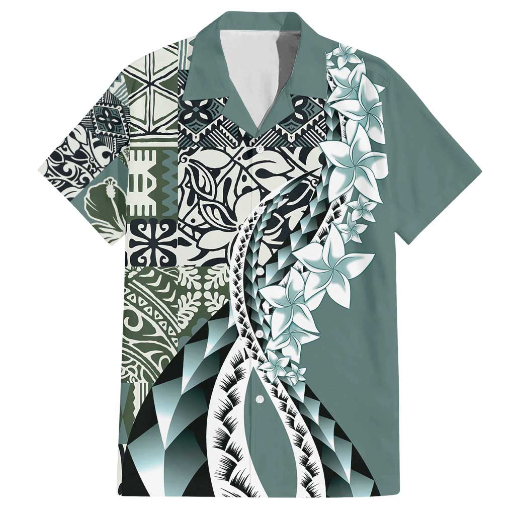Aloha Vintage Plumeria Hawaiian Tapa Pattern Family Matching Puletasi and Hawaiian Shirt Dark Turquoise Hawaiian Tapa Pattern LT9 Dad's Shirt - Short Sleeve Turquoise - Polynesian Pride