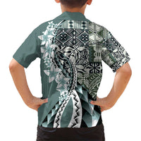 Aloha Vintage Plumeria Hawaiian Tapa Pattern Family Matching Short Sleeve Bodycon Dress and Hawaiian Shirt Dark Turquoise Hawaiian Tapa Pattern LT9 - Polynesian Pride