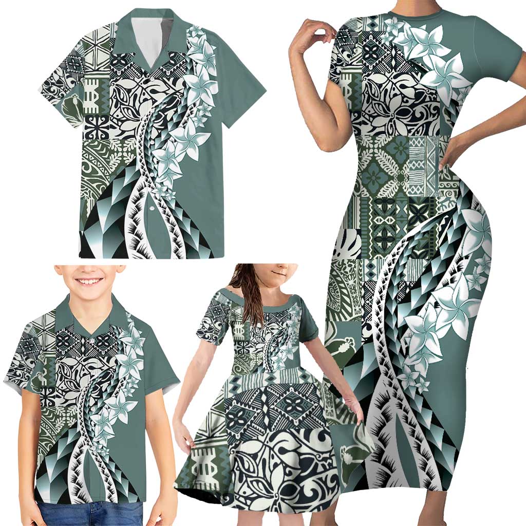 Aloha Vintage Plumeria Hawaiian Tapa Pattern Family Matching Short Sleeve Bodycon Dress and Hawaiian Shirt Dark Turquoise Hawaiian Tapa Pattern - Polynesian Pride