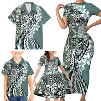 Aloha Vintage Plumeria Hawaiian Tapa Pattern Family Matching Short Sleeve Bodycon Dress and Hawaiian Shirt Dark Turquoise Hawaiian Tapa Pattern LT9 - Polynesian Pride