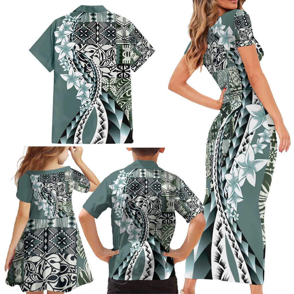 Aloha Vintage Plumeria Hawaiian Tapa Pattern Family Matching Short Sleeve Bodycon Dress and Hawaiian Shirt Dark Turquoise Hawaiian Tapa Pattern LT9 - Polynesian Pride