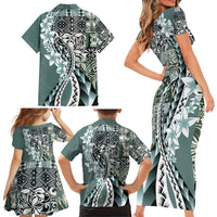 Aloha Vintage Plumeria Hawaiian Tapa Pattern Family Matching Short Sleeve Bodycon Dress and Hawaiian Shirt Dark Turquoise Hawaiian Tapa Pattern LT9 - Polynesian Pride