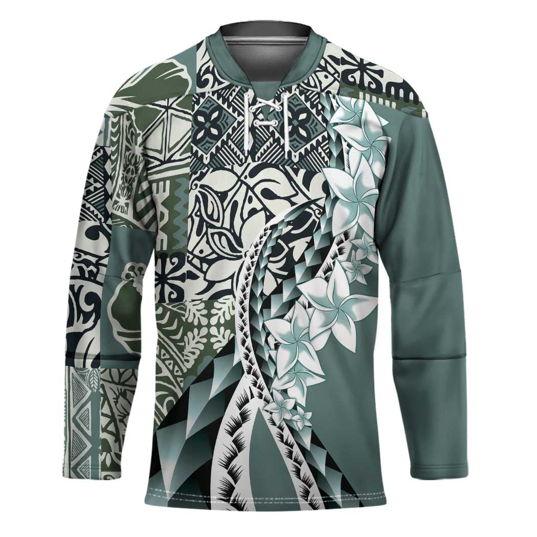 Aloha Vintage Plumeria Hawaiian Tapa Pattern Hockey Jersey Dark Turquoise Hawaiian Tapa Pattern - Polynesian Pride