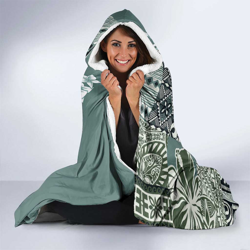 Aloha Vintage Plumeria Hawaiian Tapa Pattern Hooded Blanket Dark Turquoise Hawaiian Tapa Pattern - Polynesian Pride
