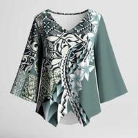 Aloha Vintage Plumeria Hawaiian Tapa Pattern Kimono Sleeve Blouse Dark Turquoise Hawaiian Tapa Pattern - Polynesian Pride