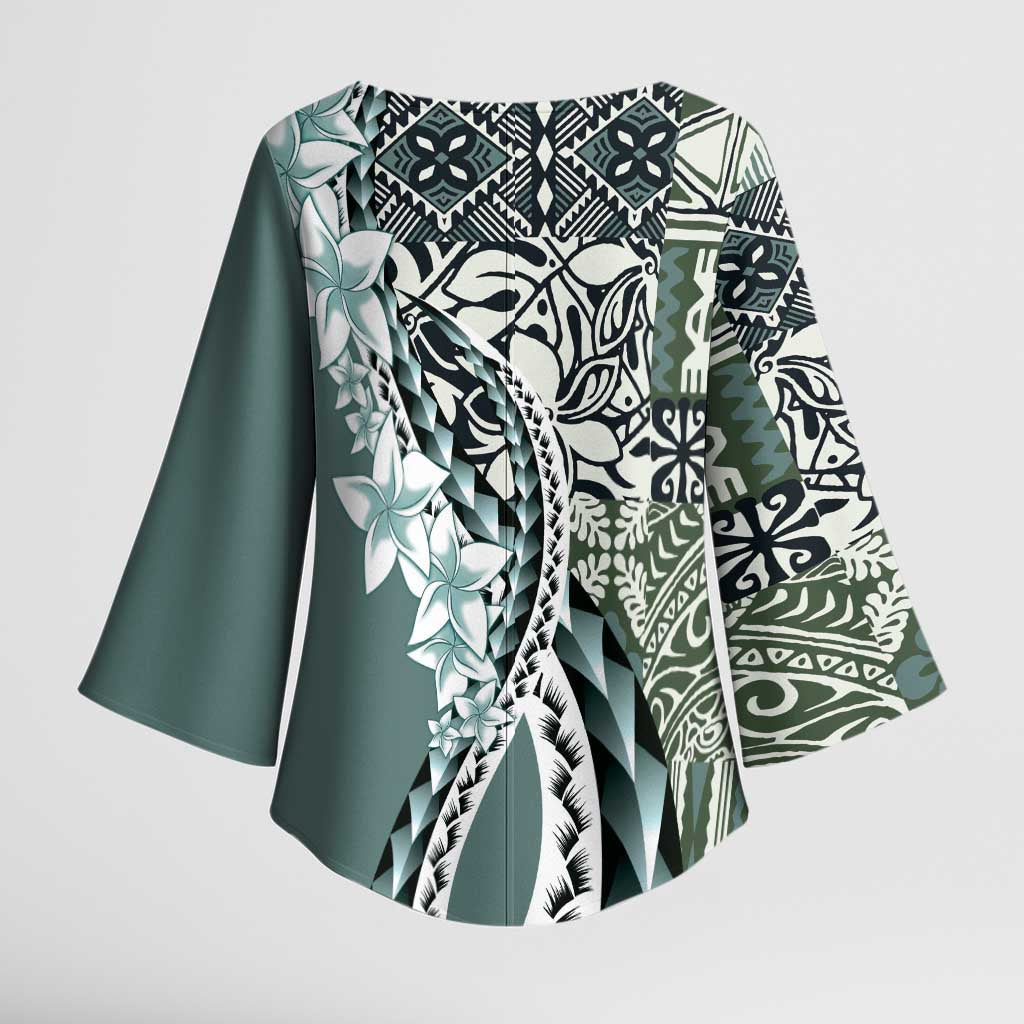 Aloha Vintage Plumeria Hawaiian Tapa Pattern Kimono Sleeve Blouse Dark Turquoise Hawaiian Tapa Pattern - Polynesian Pride