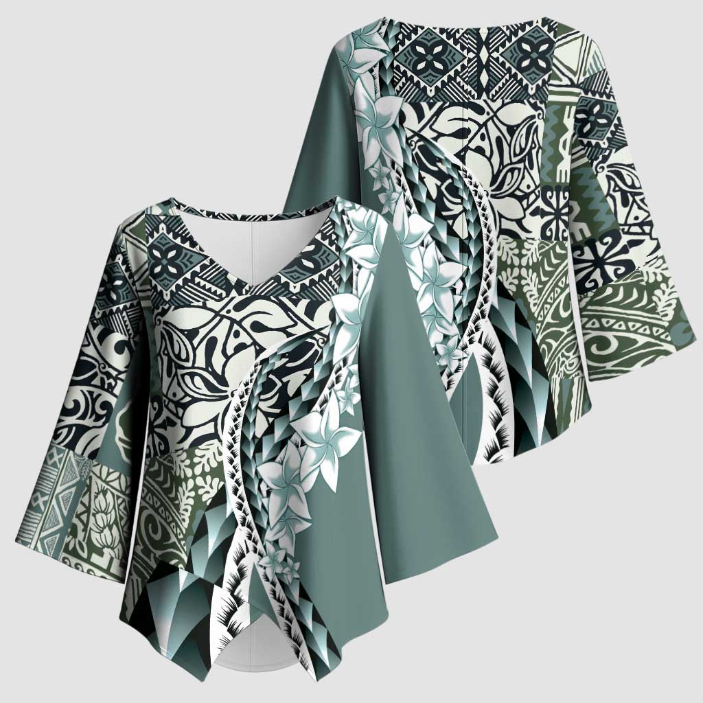 Aloha Vintage Plumeria Hawaiian Tapa Pattern Kimono Sleeve Blouse Dark Turquoise Hawaiian Tapa Pattern - Polynesian Pride
