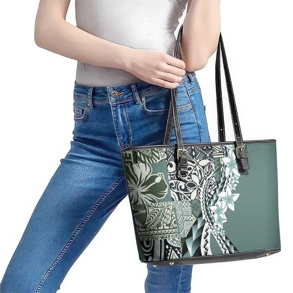 Aloha Vintage Plumeria Hawaiian Tapa Pattern Leather Tote Bag Dark Turquoise Hawaiian Tapa Pattern - Polynesian Pride