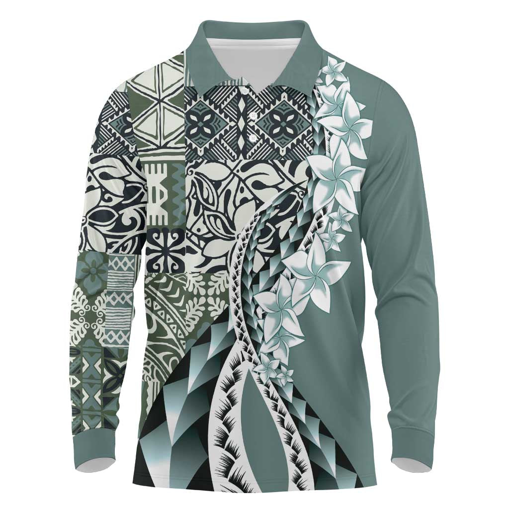 Aloha Vintage Plumeria Hawaiian Tapa Pattern Long Sleeve Polo Shirt Dark Turquoise Hawaiian Tapa Pattern - Polynesian Pride