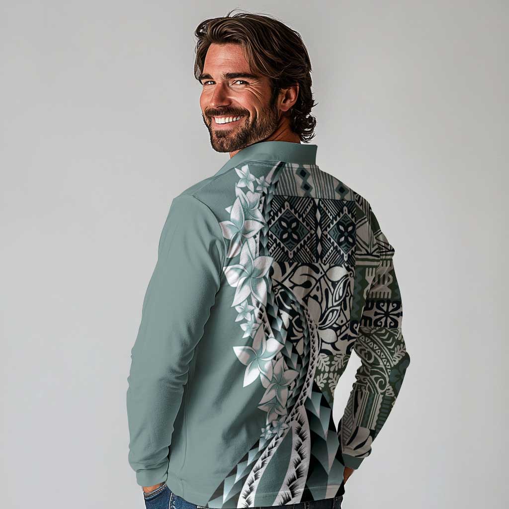 Aloha Vintage Plumeria Hawaiian Tapa Pattern Long Sleeve Polo Shirt Dark Turquoise Hawaiian Tapa Pattern - Polynesian Pride