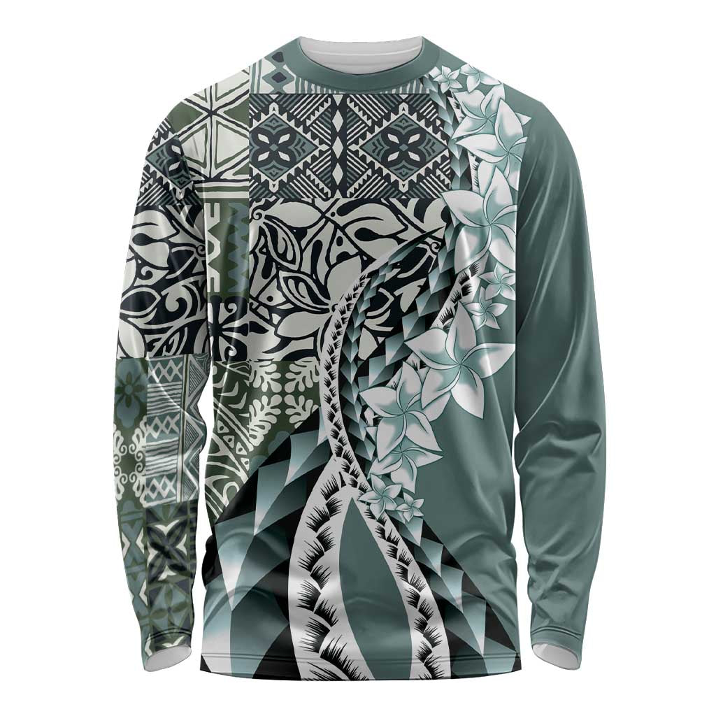Aloha Vintage Plumeria Hawaiian Tapa Pattern Long Sleeve Shirt Dark Turquoise Hawaiian Tapa Pattern - Polynesian Pride