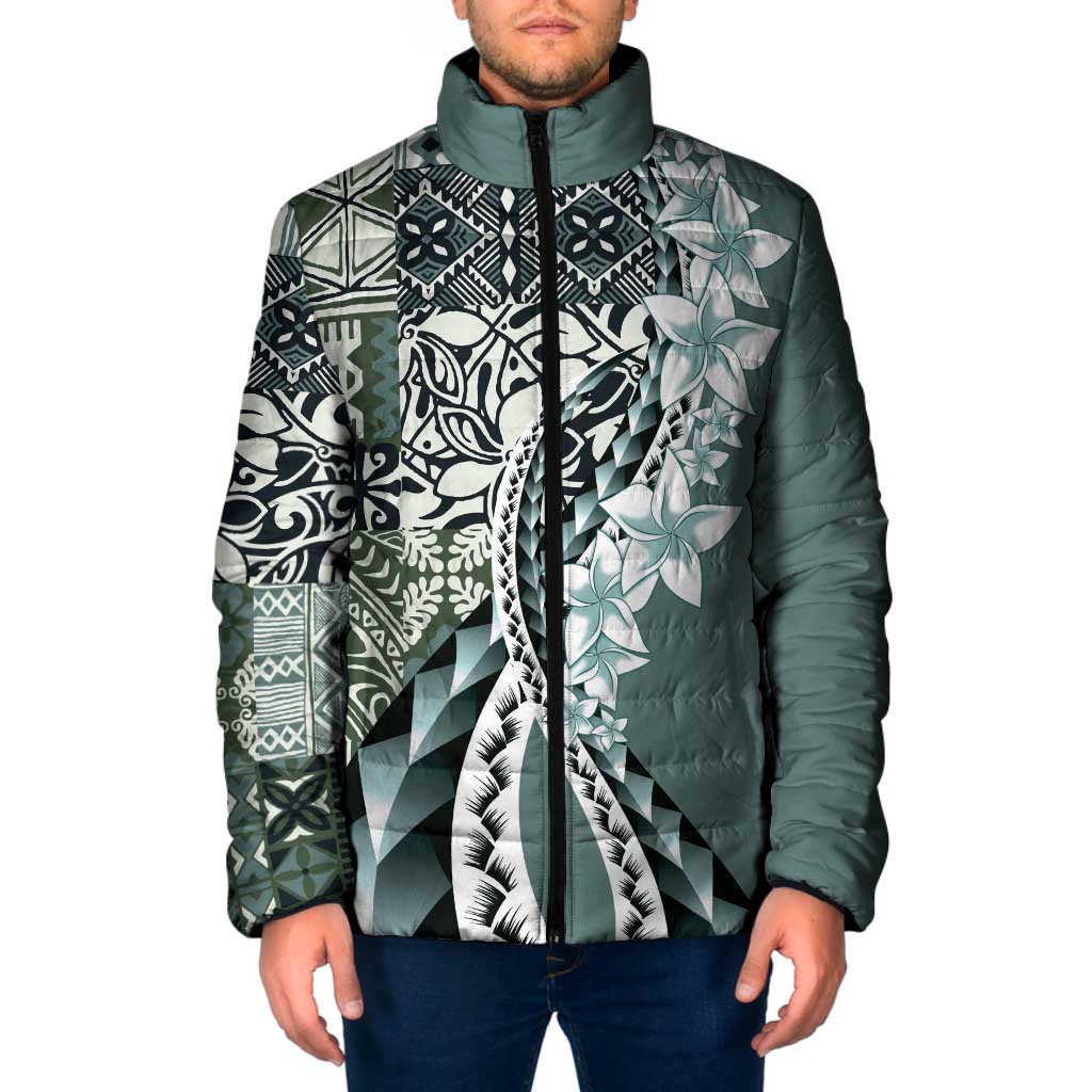 Aloha Vintage Plumeria Hawaiian Tapa Pattern Padded Jacket Dark Turquoise Hawaiian Tapa Pattern - Polynesian Pride