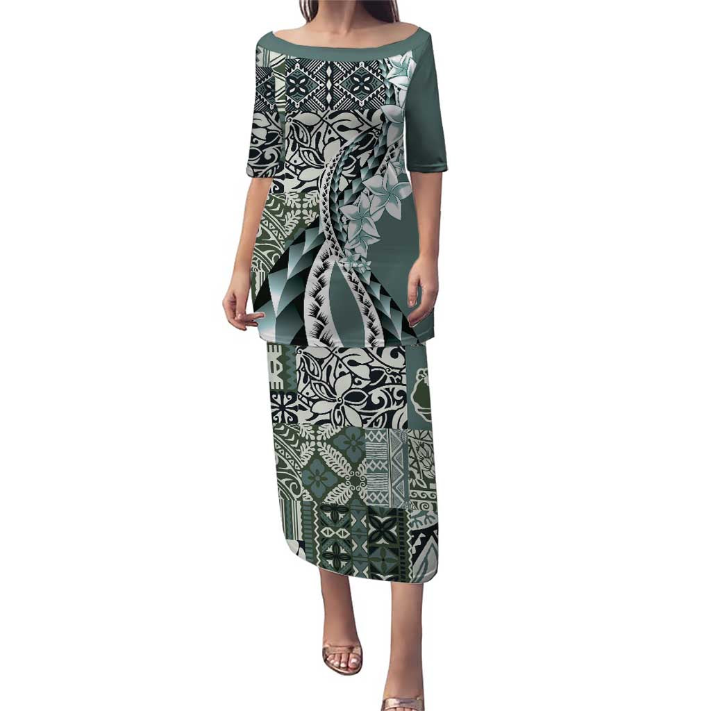 Aloha Vintage Plumeria Hawaiian Tapa Pattern Puletasi Dark Turquoise Hawaiian Tapa Pattern - Polynesian Pride