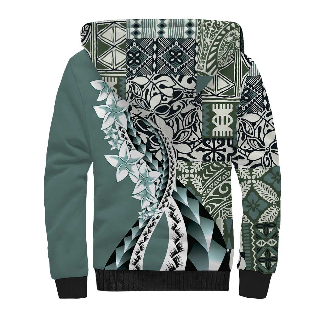 Aloha Vintage Plumeria Hawaiian Tapa Pattern Sherpa Hoodie Dark Turquoise Hawaiian Tapa Pattern - Polynesian Pride