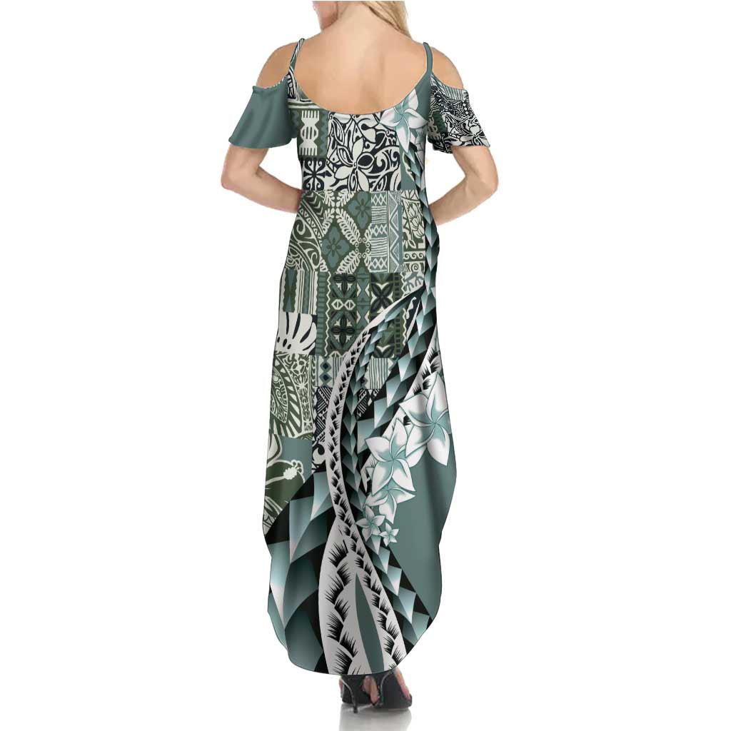 Aloha Vintage Plumeria Hawaiian Tapa Pattern Summer Maxi Dress Dark Turquoise Hawaiian Tapa Pattern - Polynesian Pride