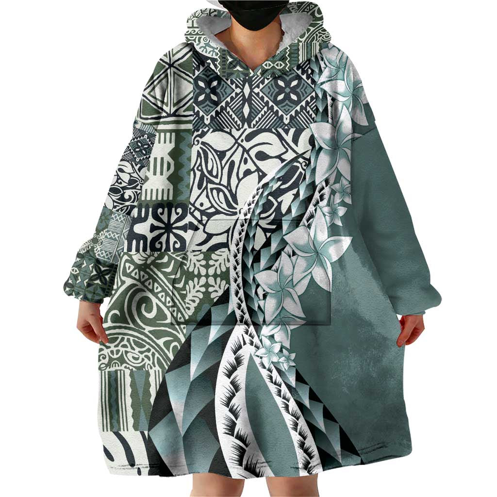 Aloha Vintage Plumeria Hawaiian Tapa Pattern Wearable Blanket Hoodie Dark Turquoise Hawaiian Tapa Pattern - Polynesian Pride