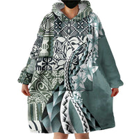 Aloha Vintage Plumeria Hawaiian Tapa Pattern Wearable Blanket Hoodie Dark Turquoise Hawaiian Tapa Pattern - Polynesian Pride