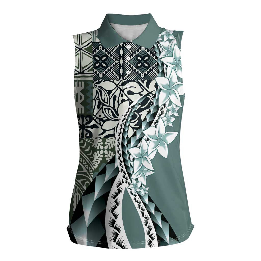Aloha Vintage Plumeria Hawaiian Tapa Pattern Women Sleeveless Polo Shirt Dark Turquoise Hawaiian Tapa Pattern - Polynesian Pride