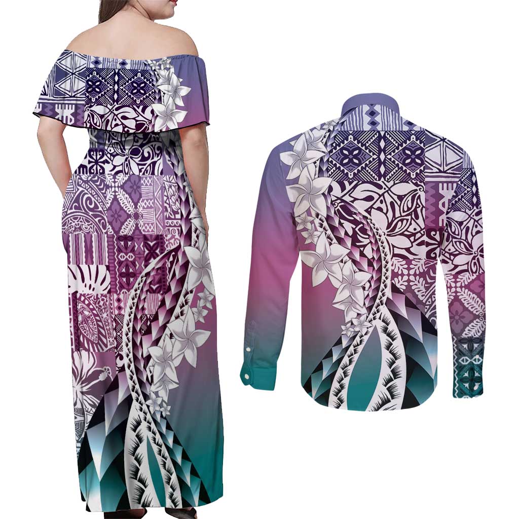 Aloha Vintage Plumeria Hawaiian Tapa Pattern Couples Matching Off Shoulder Maxi Dress and Long Sleeve Button Shirt Gradient Hawaiian Tapa Pattern - Polynesian Pride