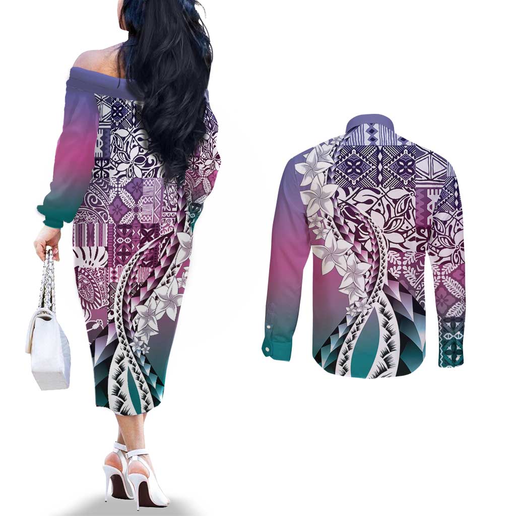 Aloha Vintage Plumeria Hawaiian Tapa Pattern Couples Matching Off The Shoulder Long Sleeve Dress and Long Sleeve Button Shirt Gradient Hawaiian Tapa Pattern - Polynesian Pride